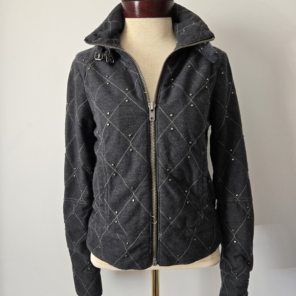 FREE PEOPLE Grey Quilted Studded Moto Sweater Jacket With Neck Buckles. Small - Picture 10 of 16